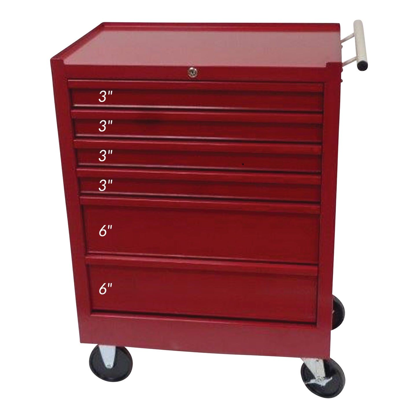 Red AliMed 6-Drawer Economy Treatment Cart with Push Handle, featuring four 3-inch drawers and two 6-inch drawers, on wheels.