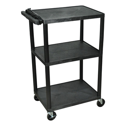 A black 3-Shelf Podiatry Cart with wheels and a handle for easy movement. It features three sturdy shelves for storage.