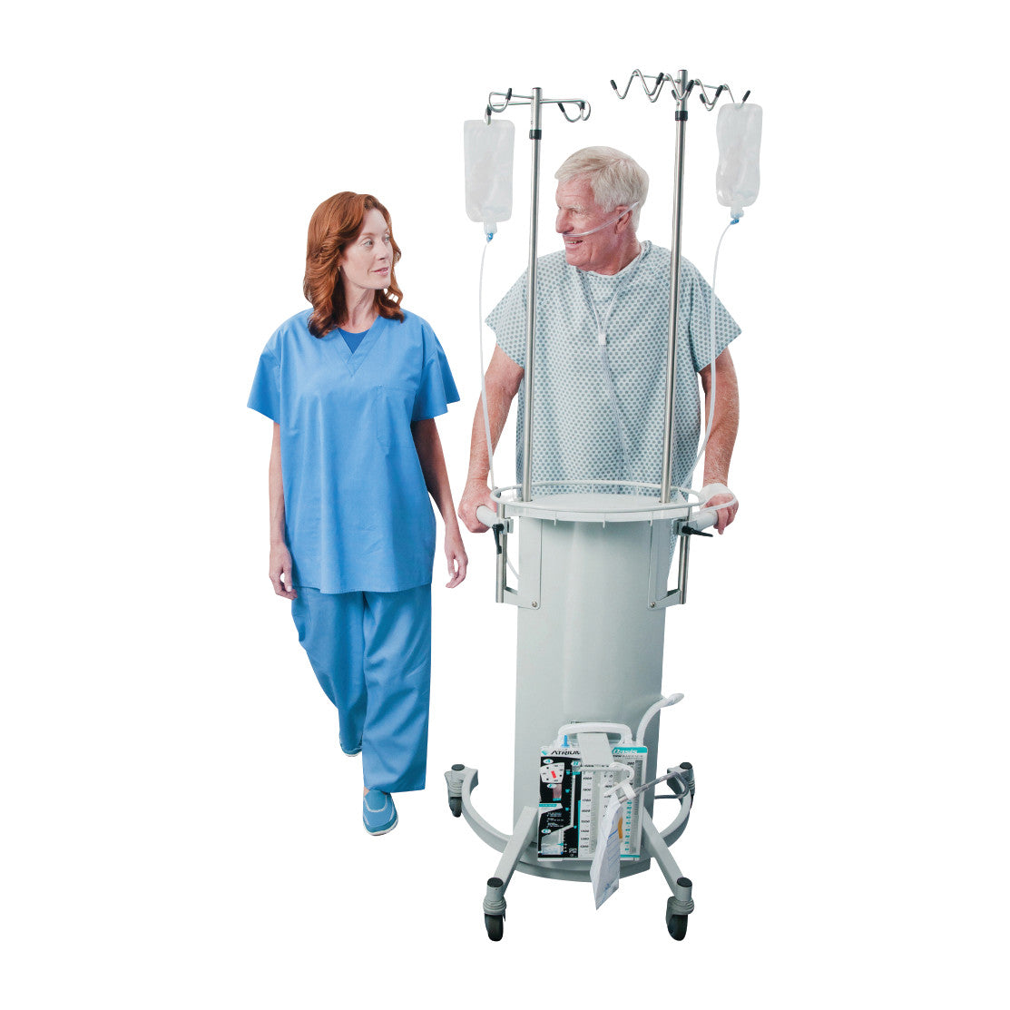 A patient using a Blickman Nezzie Ambulation Device walks with a nurse; the device has IV poles and a wheeled base.