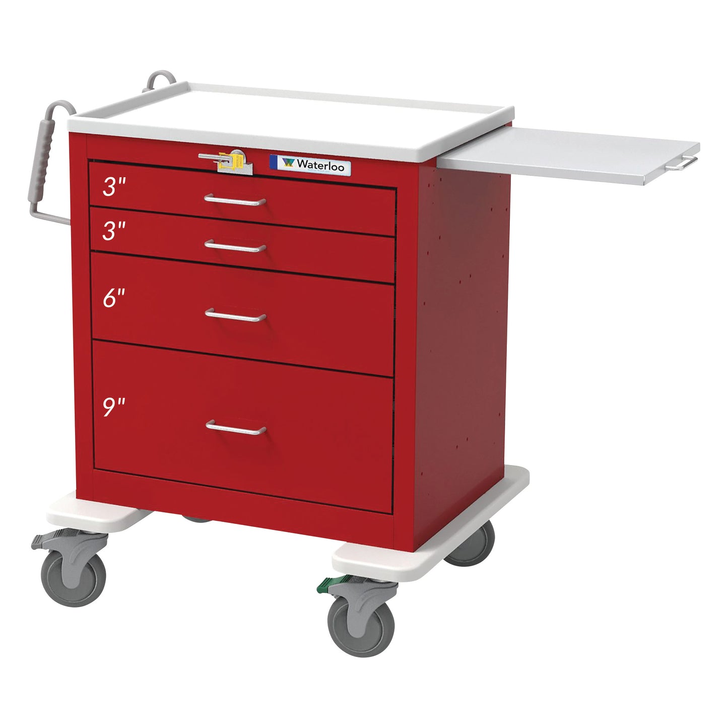 Red Waterloo Healthcare 4-Drawer Short Emergency Cart with varying drawer sizes and wheels, plus a sliding side tray.