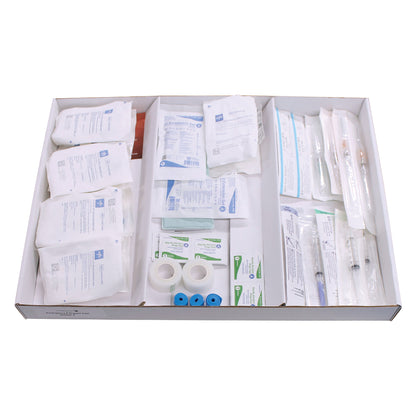 Drawer Refill Kit for Emergency Medical Carts: IV Start Supplies, featuring syringes, bandages, medical tape, and antiseptic wipes.