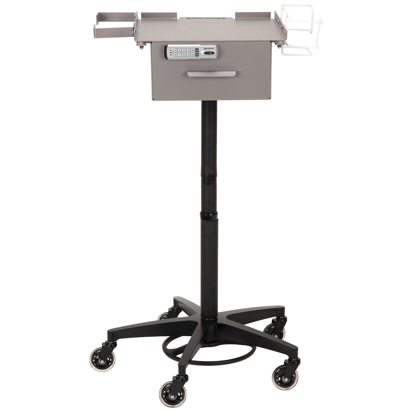The AliMed Single Drawer Phlebotomy Cart features a secure keypad drawer, side compartments, and a wheeled base for easy mobility.