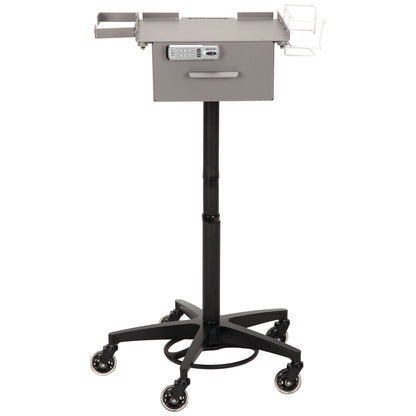 The AliMed Single Drawer Phlebotomy Cart features a secure keypad drawer, side compartments, and a wheeled base for easy mobility.