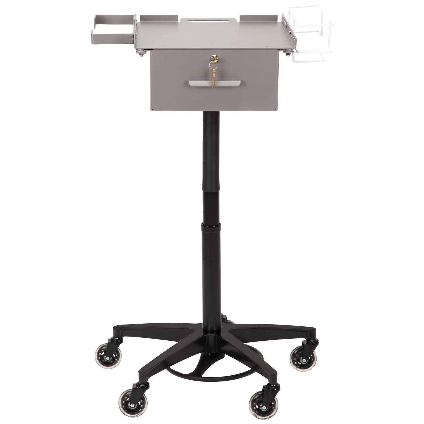 An AliMed Single Drawer Phlebotomy Cart with a lockable drawer, two side racks, and five caster wheels on a sturdy base.