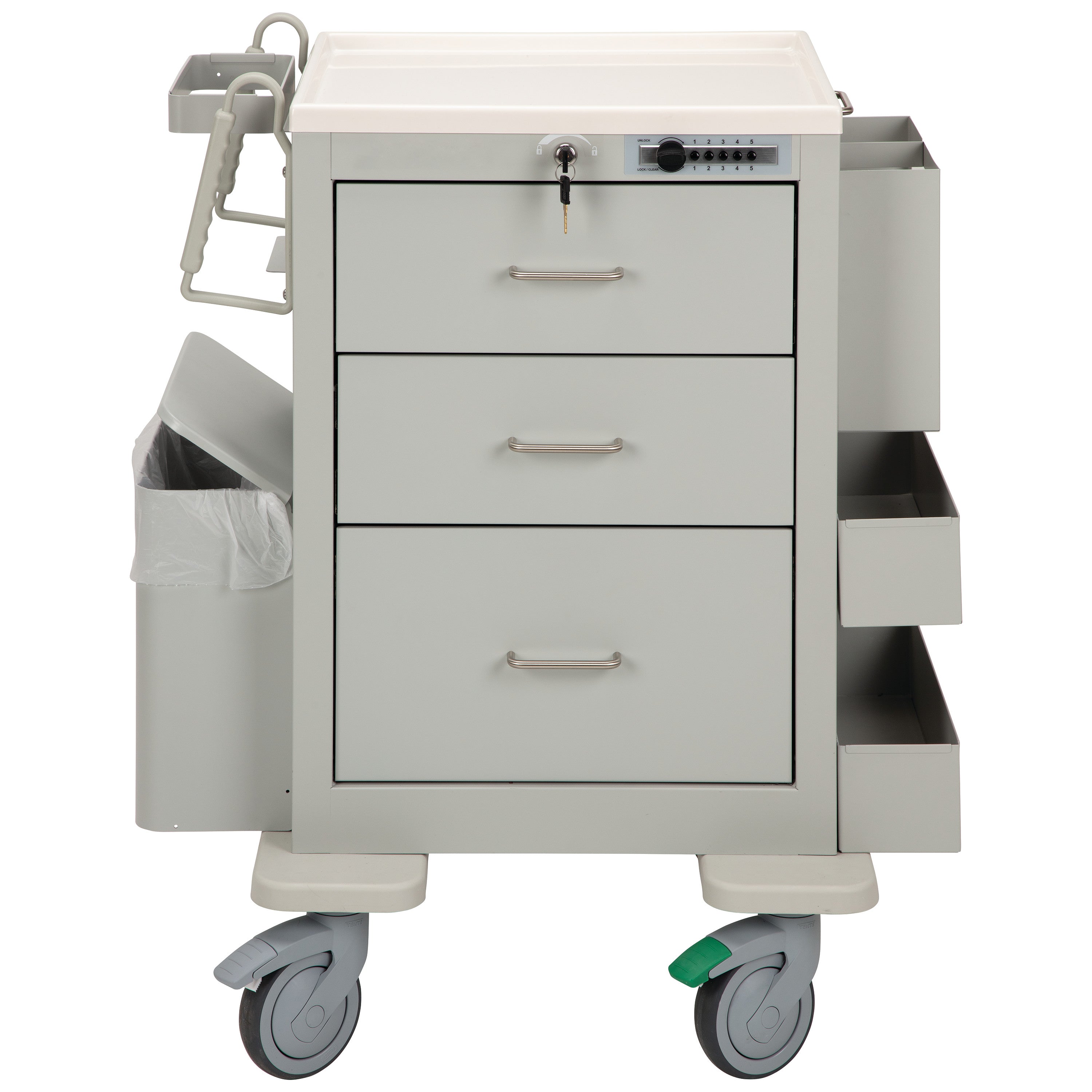 AliMed 3-Drawer Phlebotomy Cart with lockable drawers, attached waste bin, side bins, and large wheels for mobility.