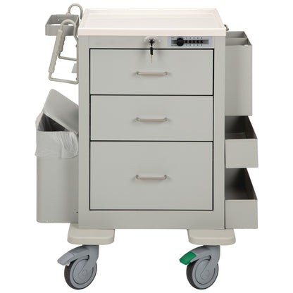 AliMed 3-Drawer Phlebotomy Cart with lockable drawers, attached waste bin, side bins, and large wheels for mobility.