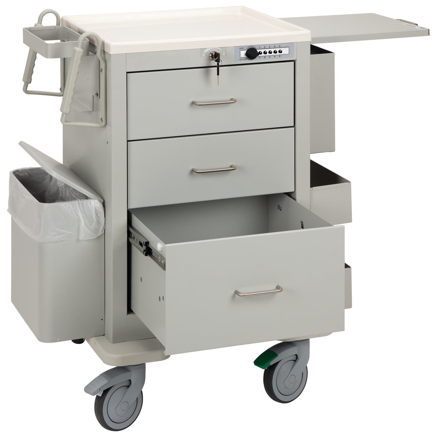 AliMed 3-Drawer Phlebotomy Cart with open drawers, a lock, attached bin with a liner, and smooth-rolling wheels.