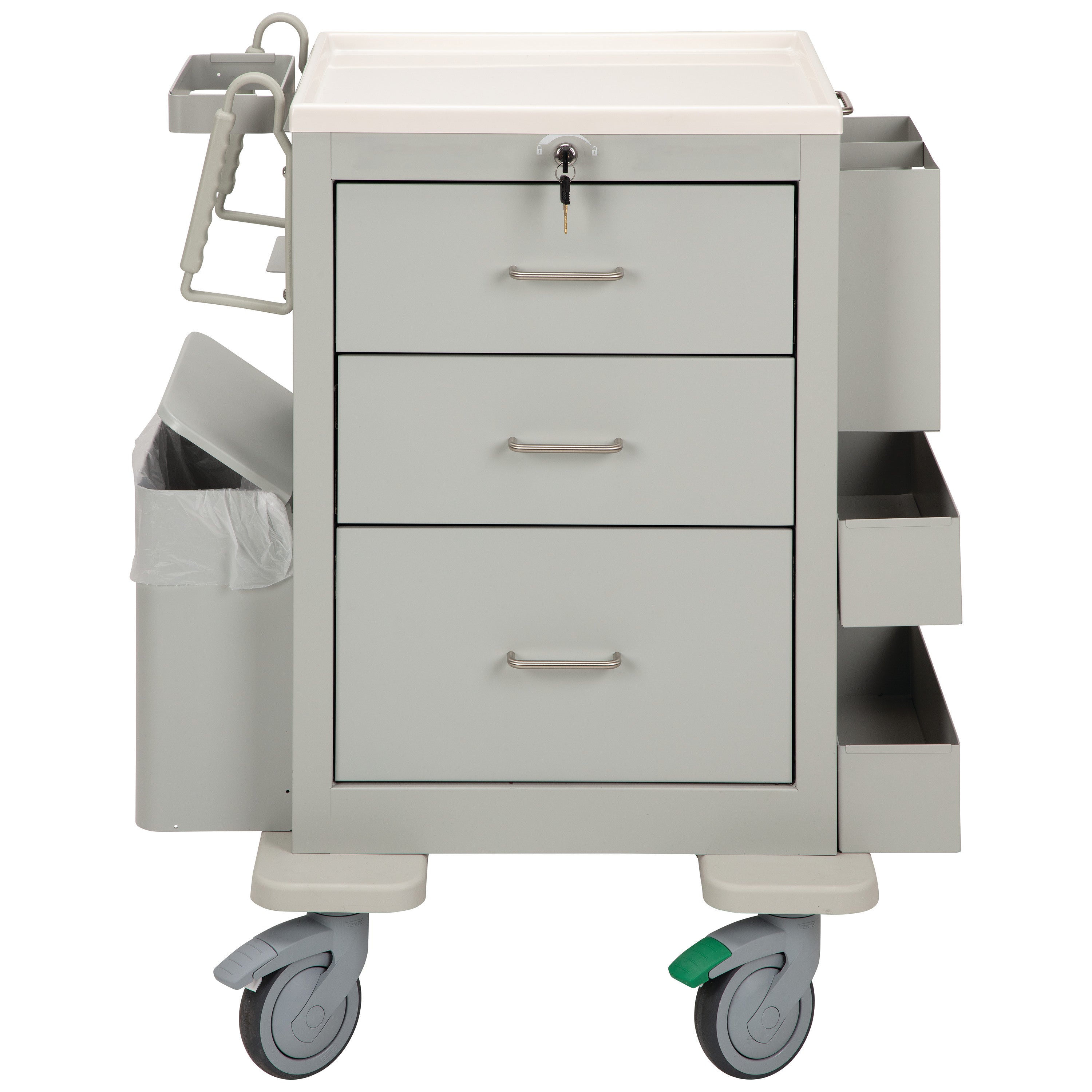 AliMed 3-Drawer Phlebotomy Cart with casters, side bins, and a waste basket, designed for medical use and phlebotomy tasks.