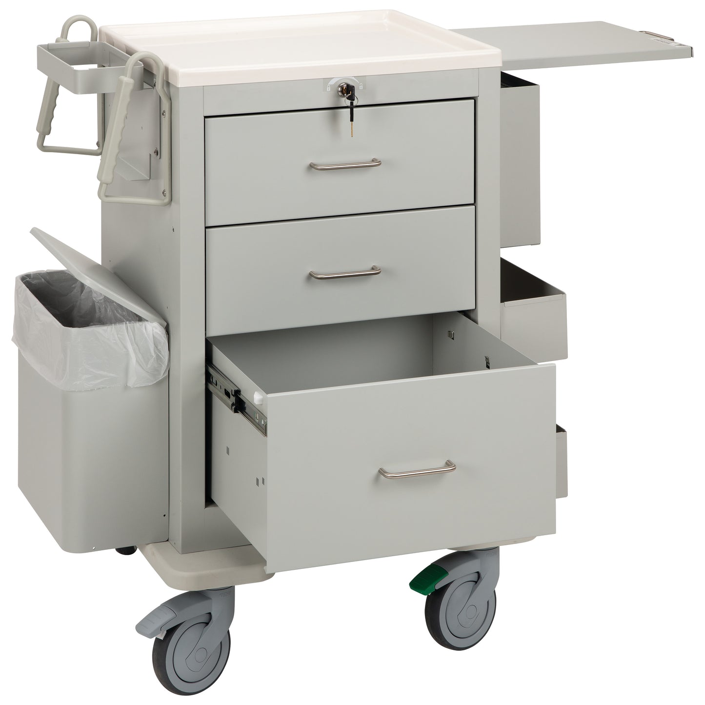 AliMed 3-Drawer Phlebotomy Cart with wheels, open drawers, a waste bin, handle, and slide-out work surfaces.