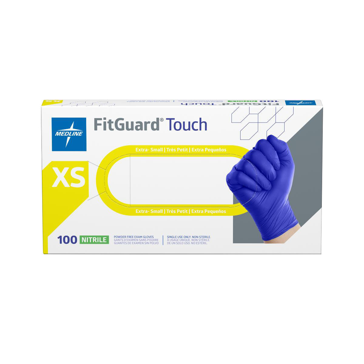 Box of FitGuard Touch Powder-Free Nitrile Exam Gloves in XS size, featuring a blue-gloved fist to illustrate glove color and fit.