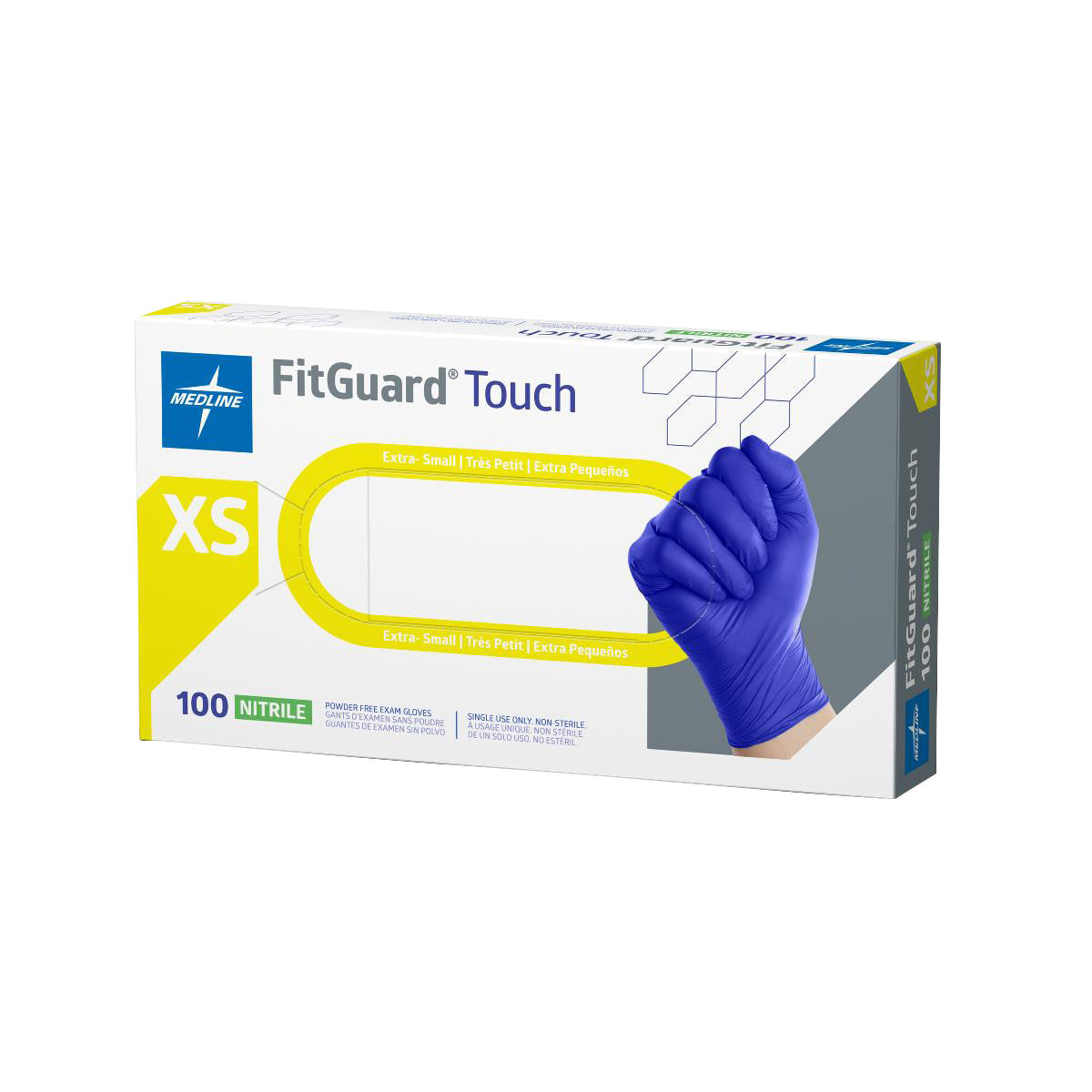 FitGuard Touch Powder-Free Nitrile Exam Gloves box in XS, featuring a blue glove clenched in a fist on the packaging.