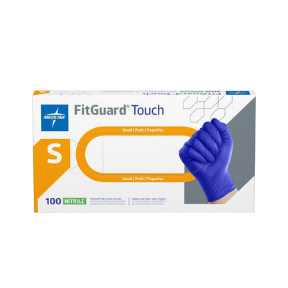 Box of FitGuard Touch Powder-Free Nitrile Exam Gloves, size small, with a blue glove in a fist position on the right.