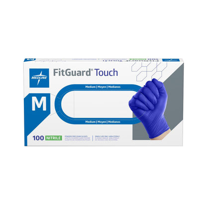 Box of FitGuard Touch Powder-Free Nitrile Exam Gloves in medium size with an image of a hand wearing a blue glove in a fist.