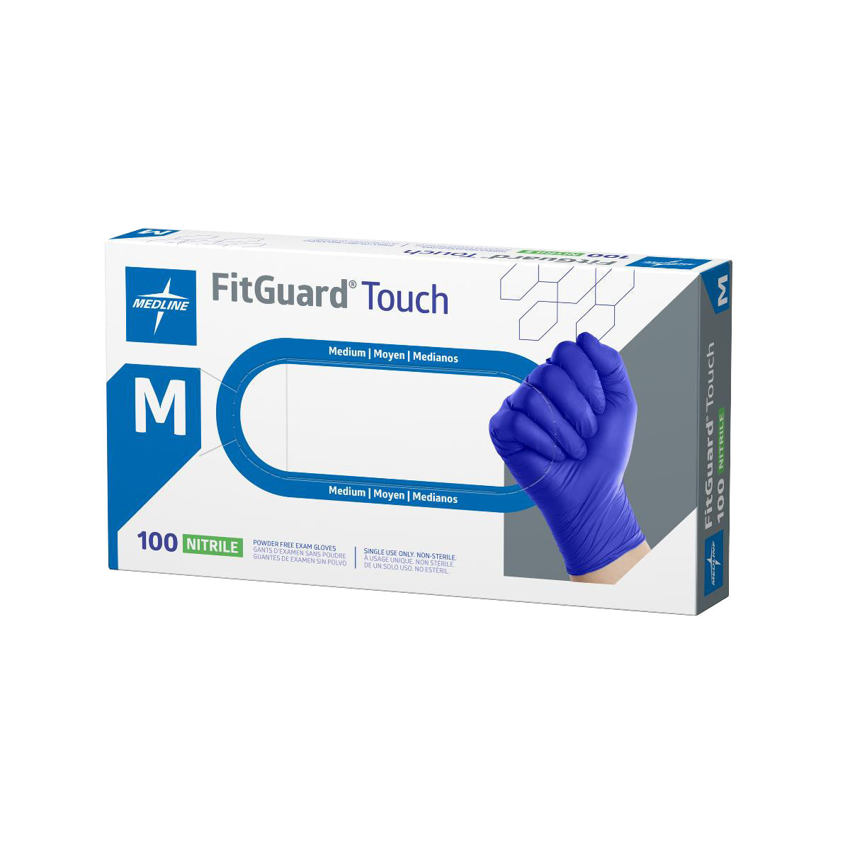 Box of FitGuard Touch Powder-Free Nitrile Exam Gloves, size medium, featuring a fist wearing a purple glove on the packaging.
