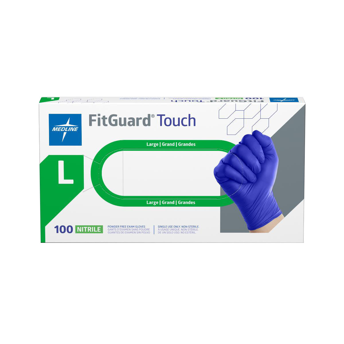 FitGuard Touch Powder-Free Nitrile Exam Gloves box, size Large, with a blue-gloved hand making a fist, 100 gloves per box.