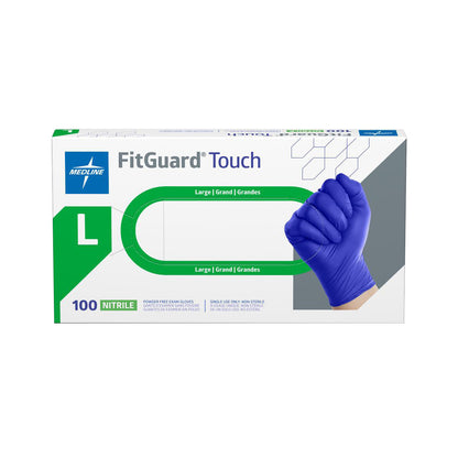 FitGuard Touch Powder-Free Nitrile Exam Gloves box, size Large, with a blue-gloved hand making a fist, 100 gloves per box.