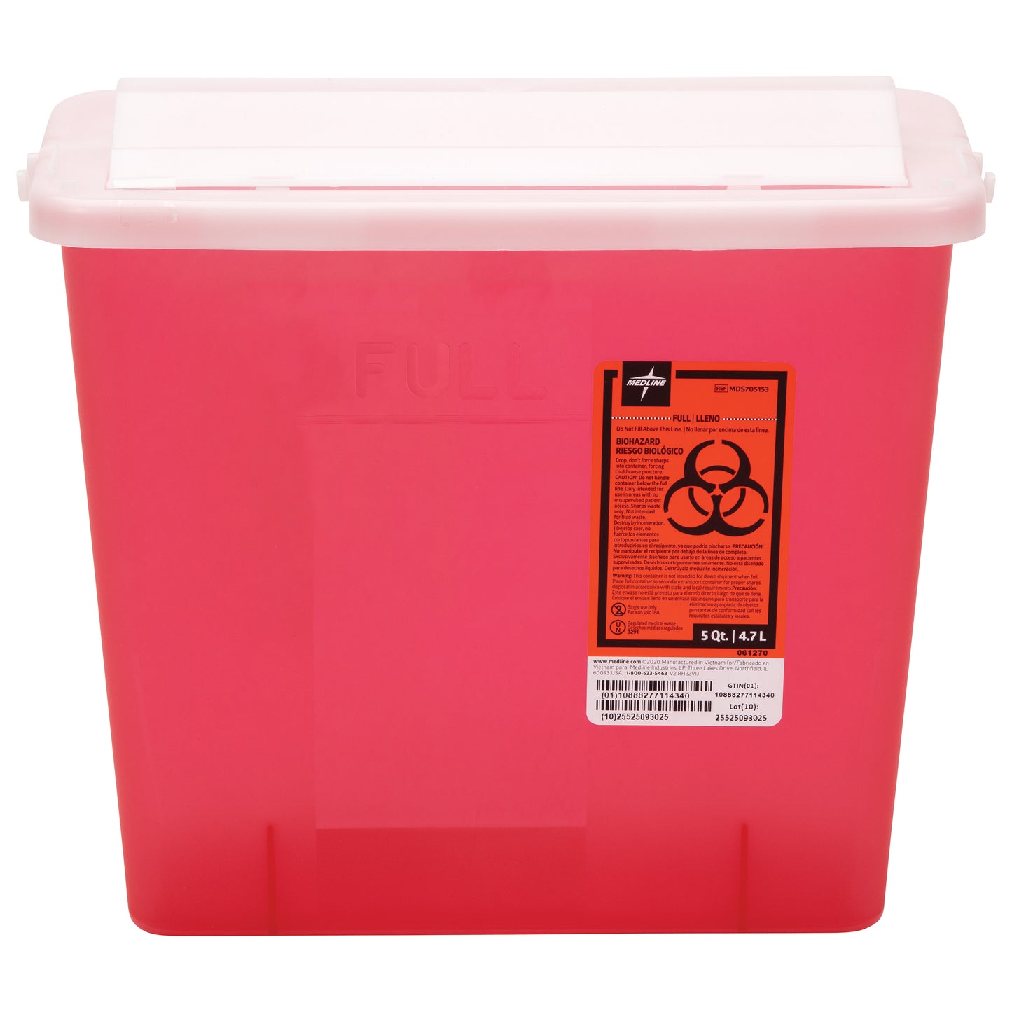 A red 5-Quart Sharps Disposal Container with a white lid and biohazard symbol on the label for safe disposal of medical sharps.