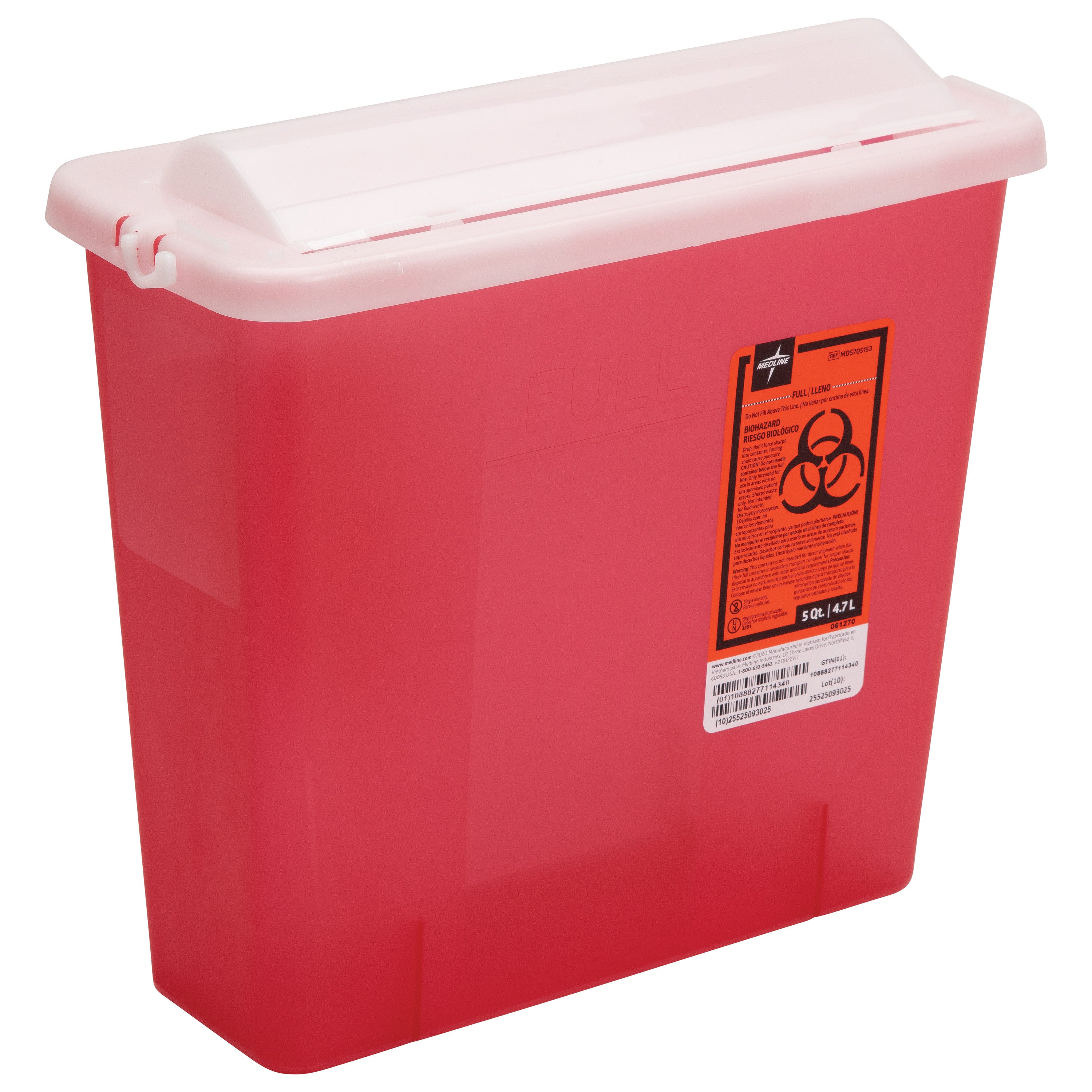 A red 5-Quart Sharps Disposal Container with a white lid and biohazard warning label on the front.