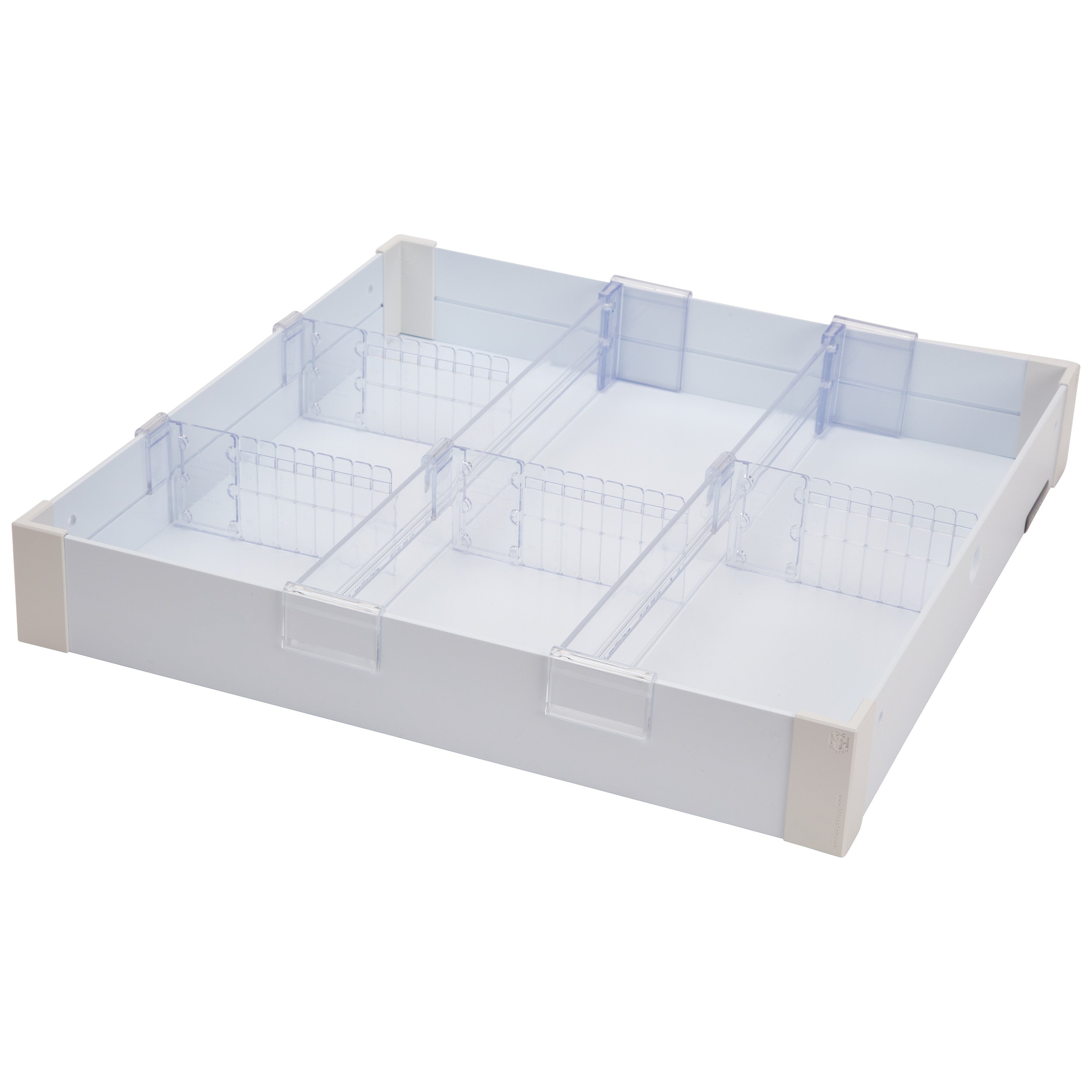 Waterloo Healthcare Narrow Cart Divider Tray System with adjustable clear dividers in a white plastic frame for organizing items.