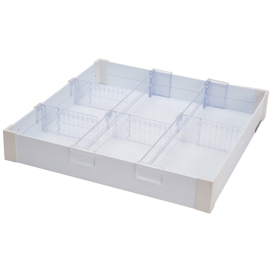 Waterloo Healthcare Narrow Cart Divider Tray System with adjustable clear dividers in a white plastic frame for organizing items.