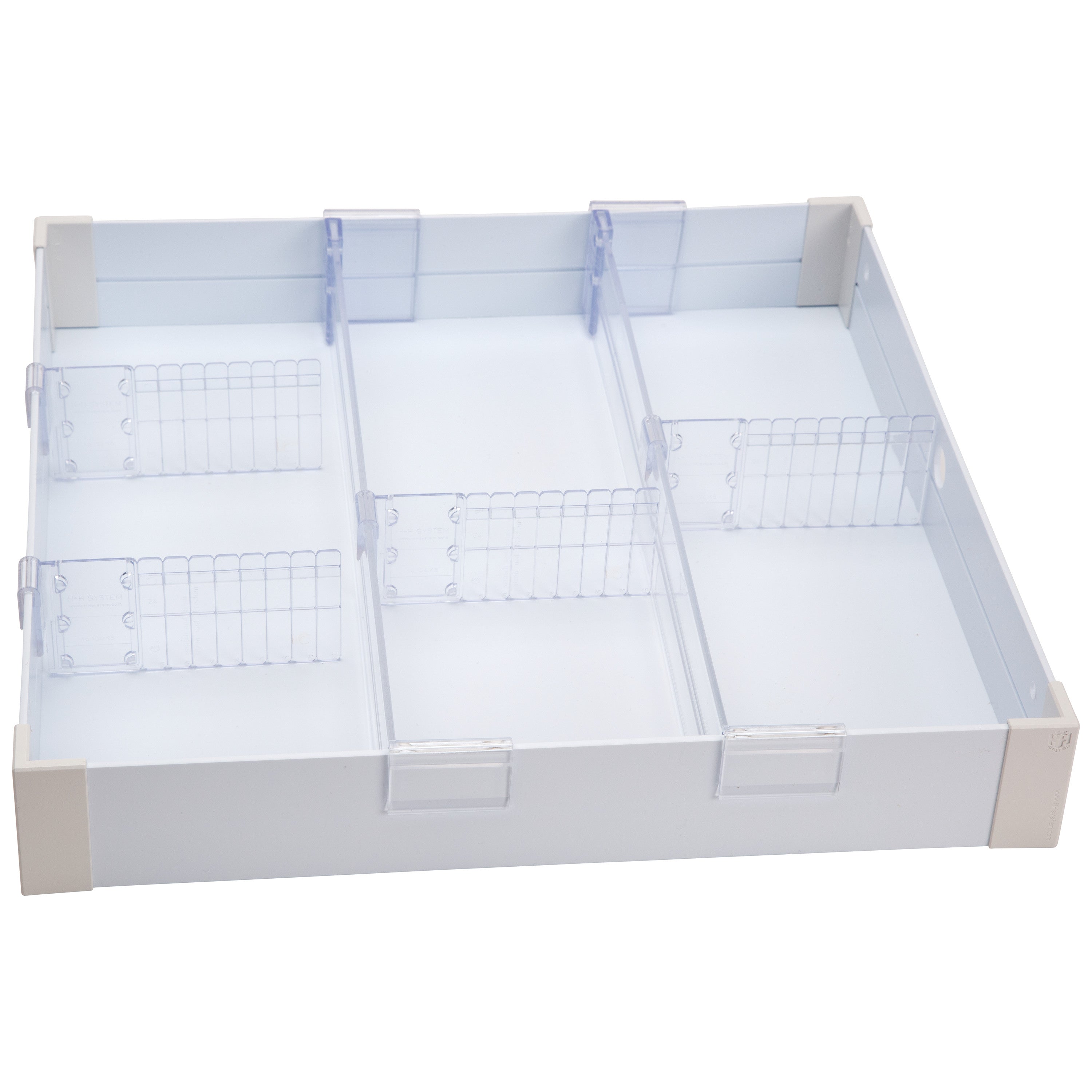 The Waterloo Healthcare Narrow Cart Divider Tray System is a white tray with adjustable clear dividers for organizing items.