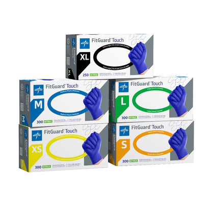 FitGuard Touch Powder-Free Nitrile Exam Gloves boxes in five sizes (XS, S, M, L, XL) are stacked, each box featuring a blue glove image.