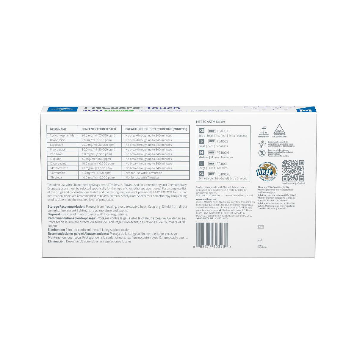 The back of a box of FitGuard Touch Powder-Free Nitrile Exam Gloves detailing drug testing information and storage recommendations.