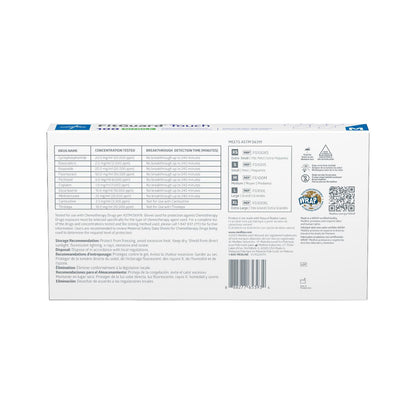 The back of a box of FitGuard Touch Powder-Free Nitrile Exam Gloves detailing drug testing information and storage recommendations.