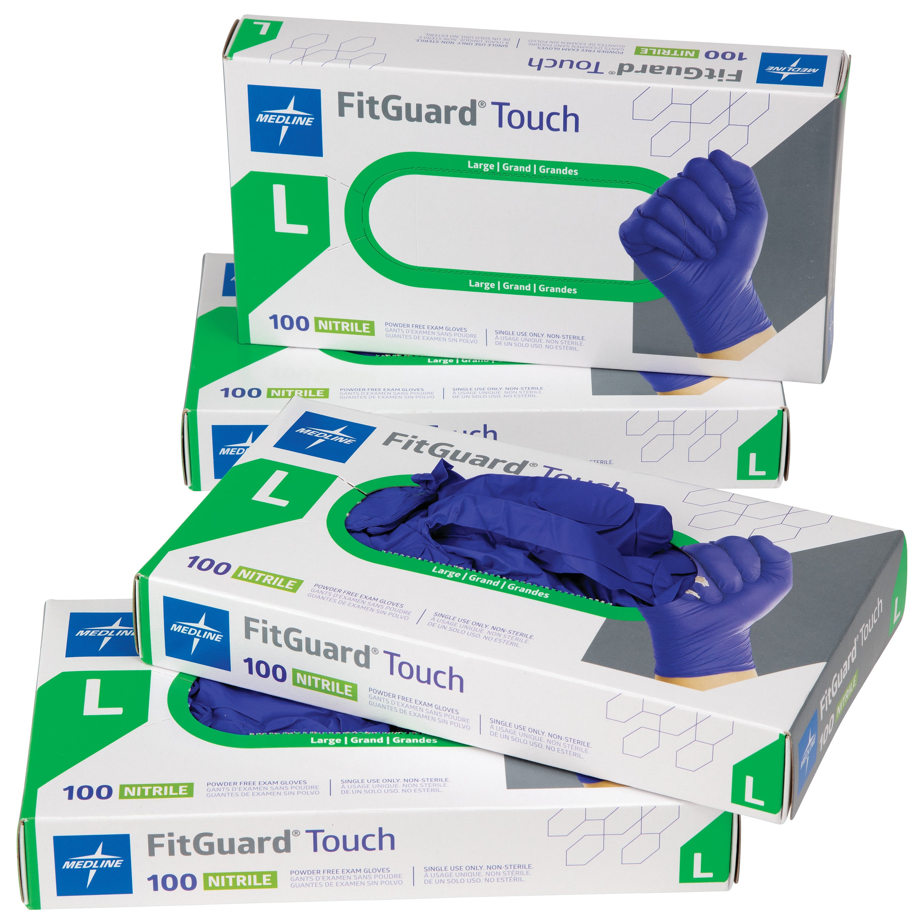 Boxes of FitGuard Touch Powder-Free Nitrile Exam Gloves in size Large, with one box open and gloves partially visible.