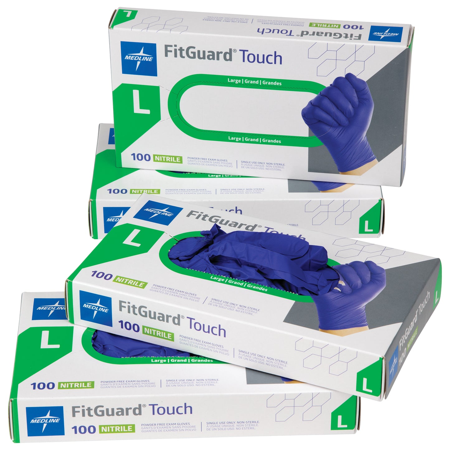 Boxes of FitGuard Touch Powder-Free Nitrile Exam Gloves in size Large, with one box open and gloves partially visible.