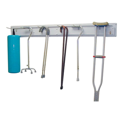 Clinton Cane and Crutch Rack holding a blue cylinder, canes, a quad cane, and a pair of crutches on a white wall-mounted hook.