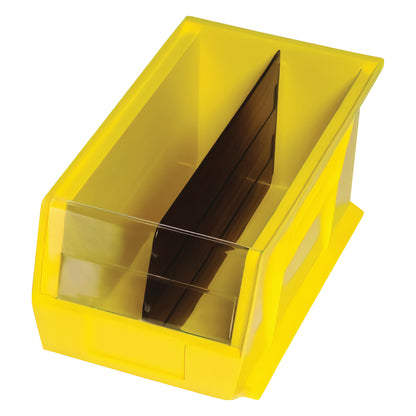 Yellow stacking bin with divider, designed for Quantum Ultra Stack and Hang Bin, shown from top view.