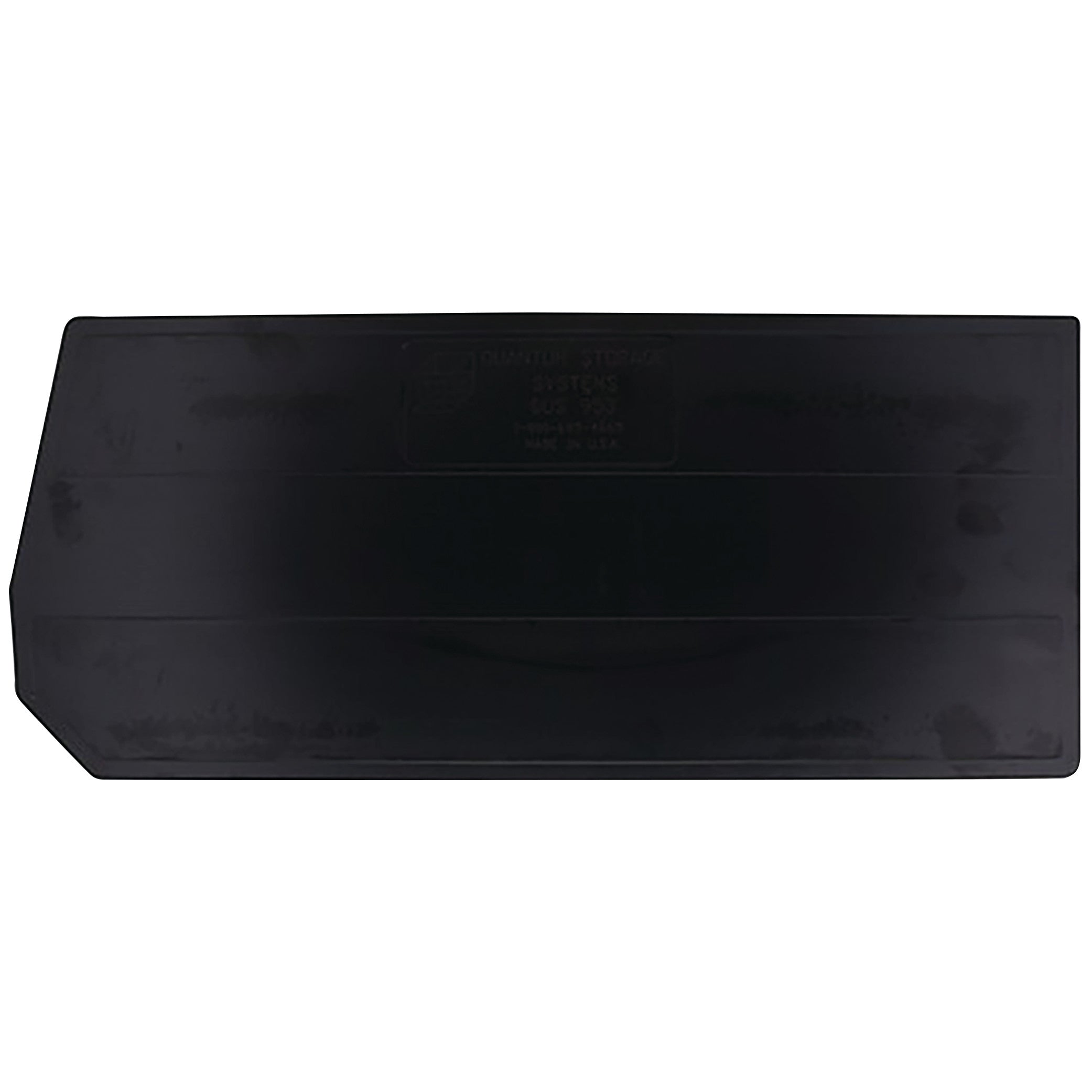 A black plastic Divider for Quantum Hulk Container with a rectangular shape and an angled edge on one side.