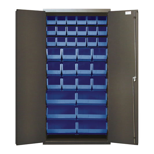 Quantum All-Welded Bin Storage Cabinet with Bins features an open door revealing multiple rows of blue storage bins inside.