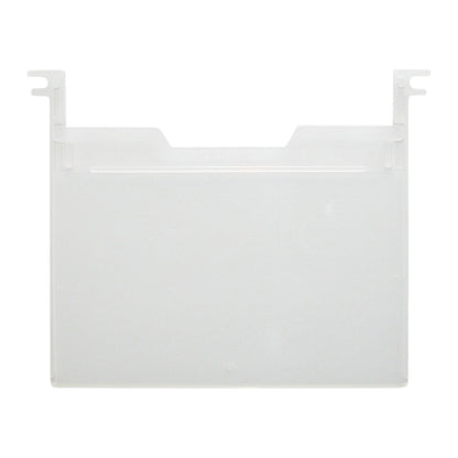 Clear plastic "Label Holder for Quantum Stack and Nest Tote" with bracket hooks on both sides.