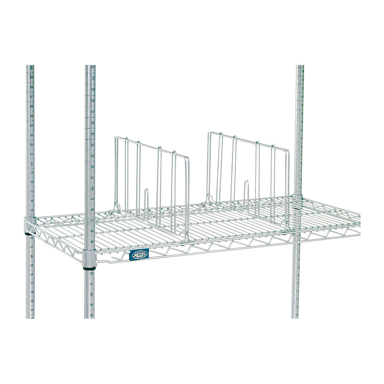 Nexel Chrome Shelf Divider on a wire shelf, featuring vertical partitions for organizing items, with adjustable poles.