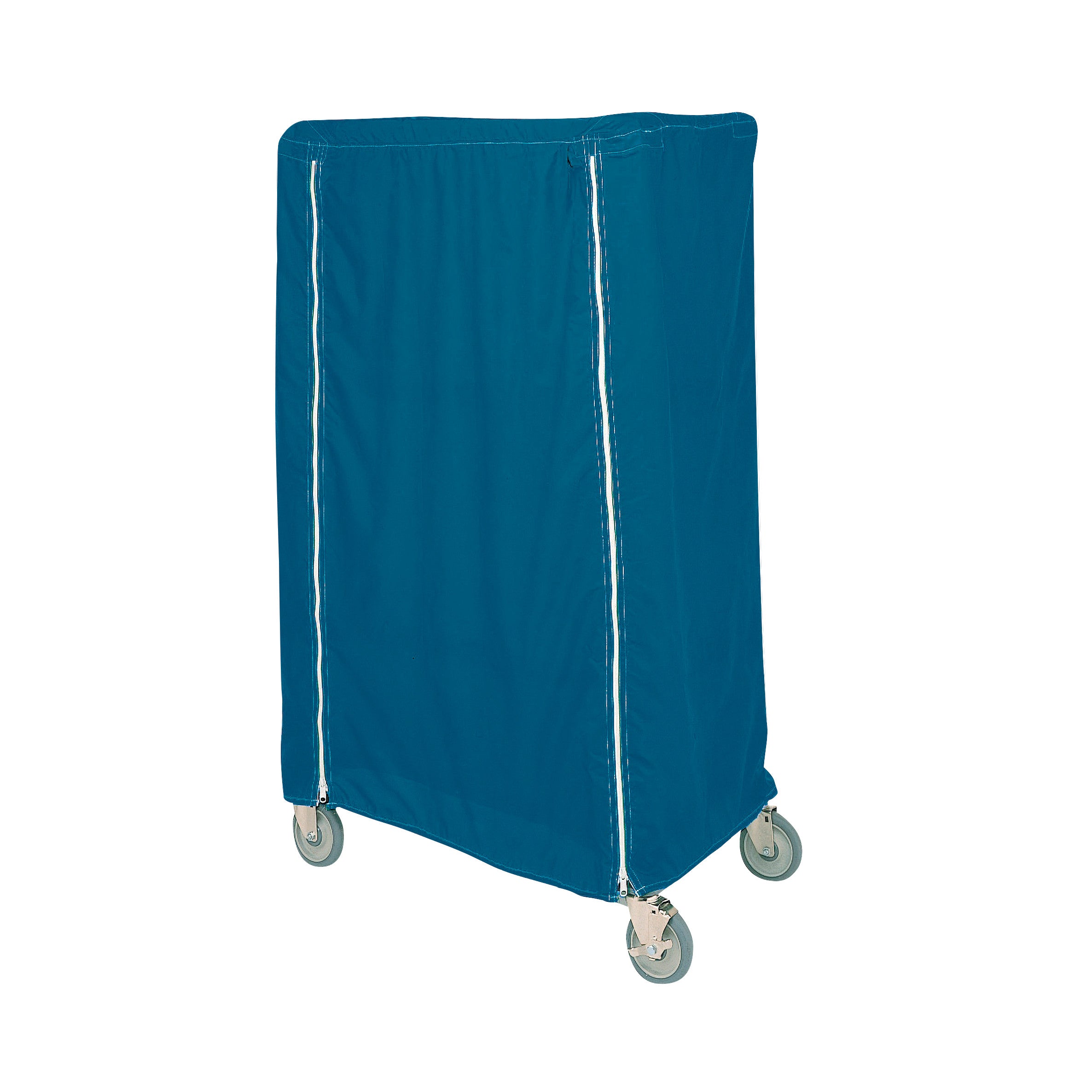 Blue Metro Waterproof Cart Cover with zippers, fitted over a cart with four wheels, providing protection and coverage.