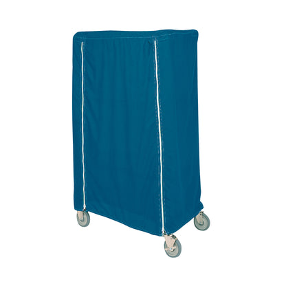 Blue Metro Waterproof Cart Cover with zippers, fitted over a cart with four wheels, providing protection and coverage.