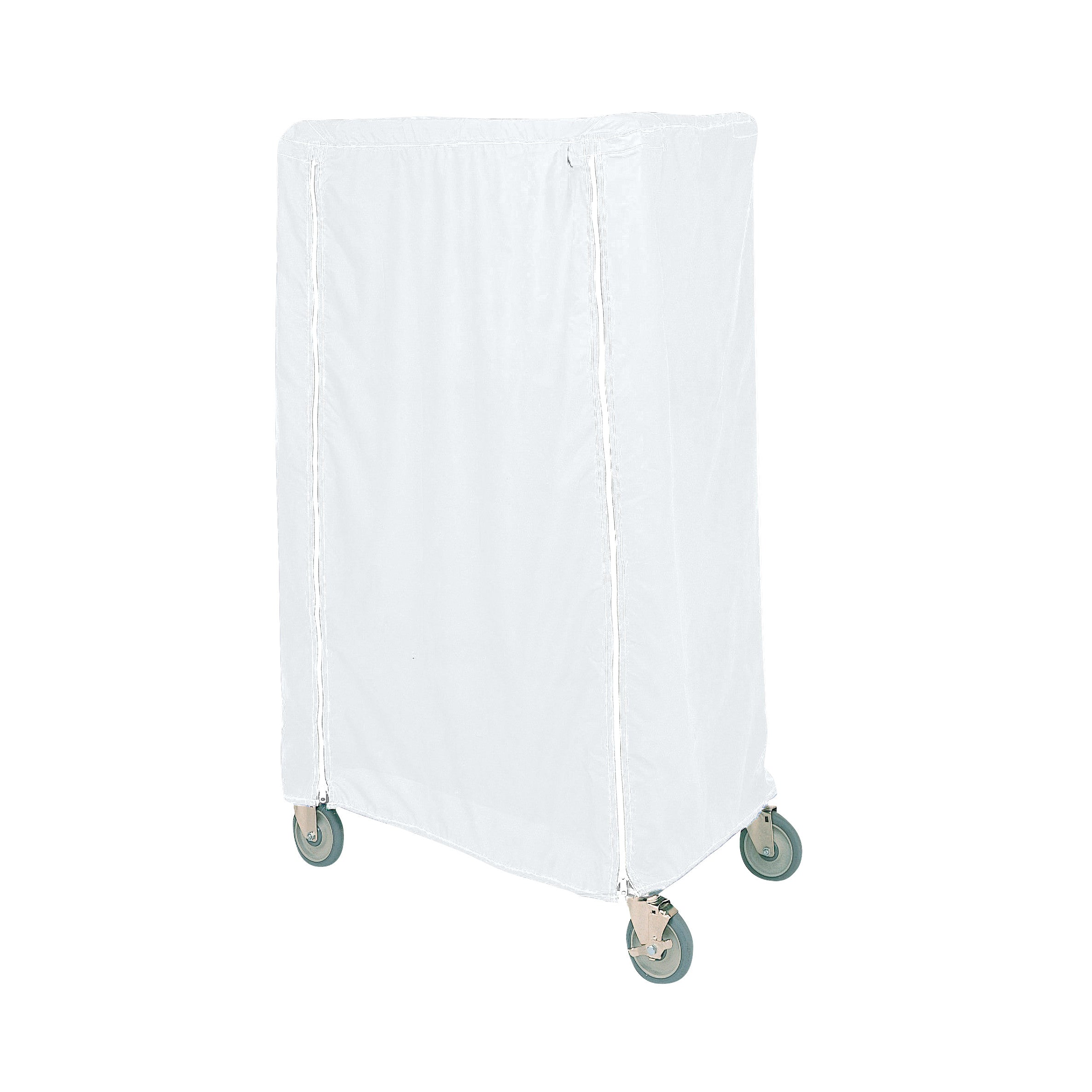 A Metro Waterproof Cart Cover on a wheeled cart, featuring a white, rectangular design that fully encloses the cart.