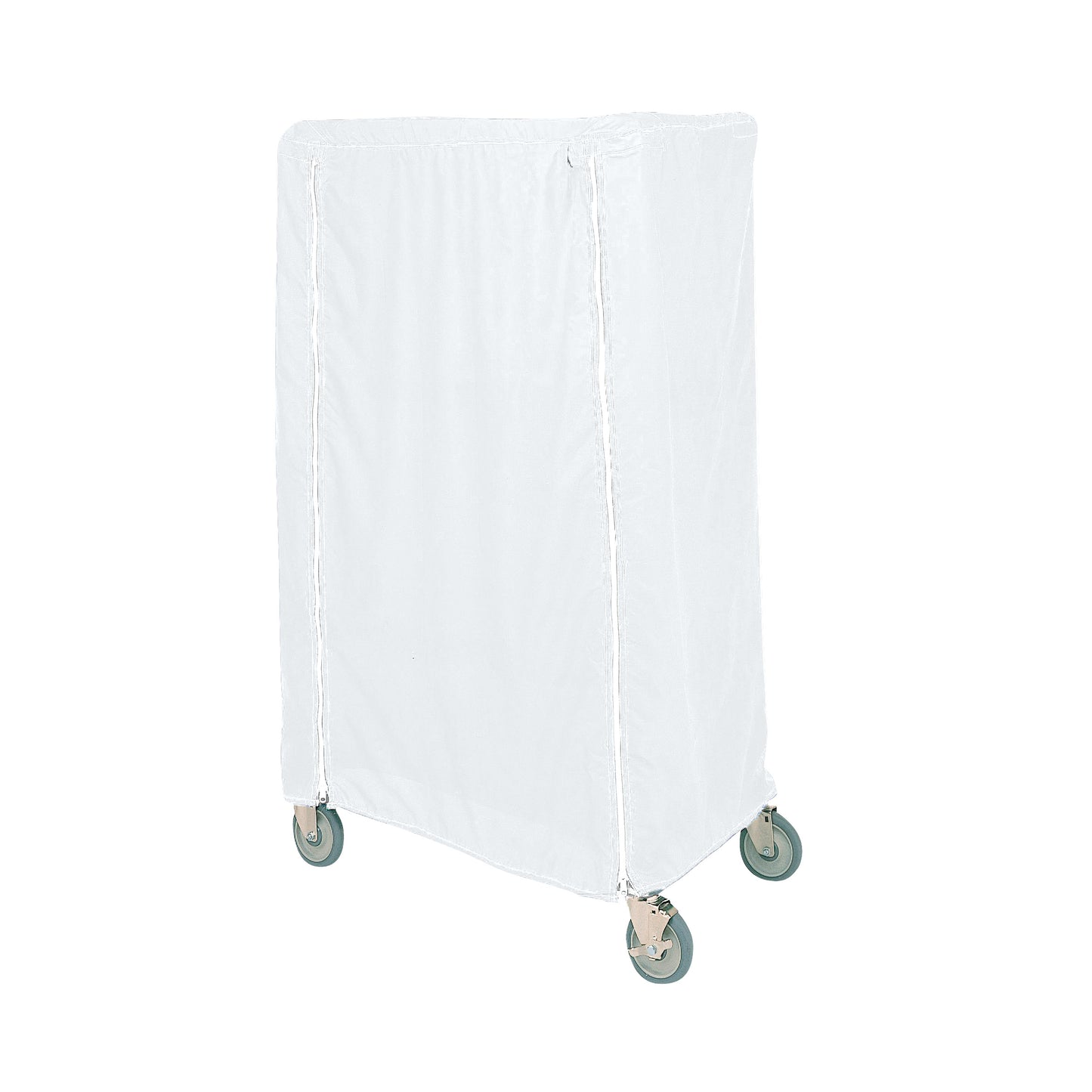 A Metro Waterproof Cart Cover on a wheeled cart, featuring a white, rectangular design that fully encloses the cart.