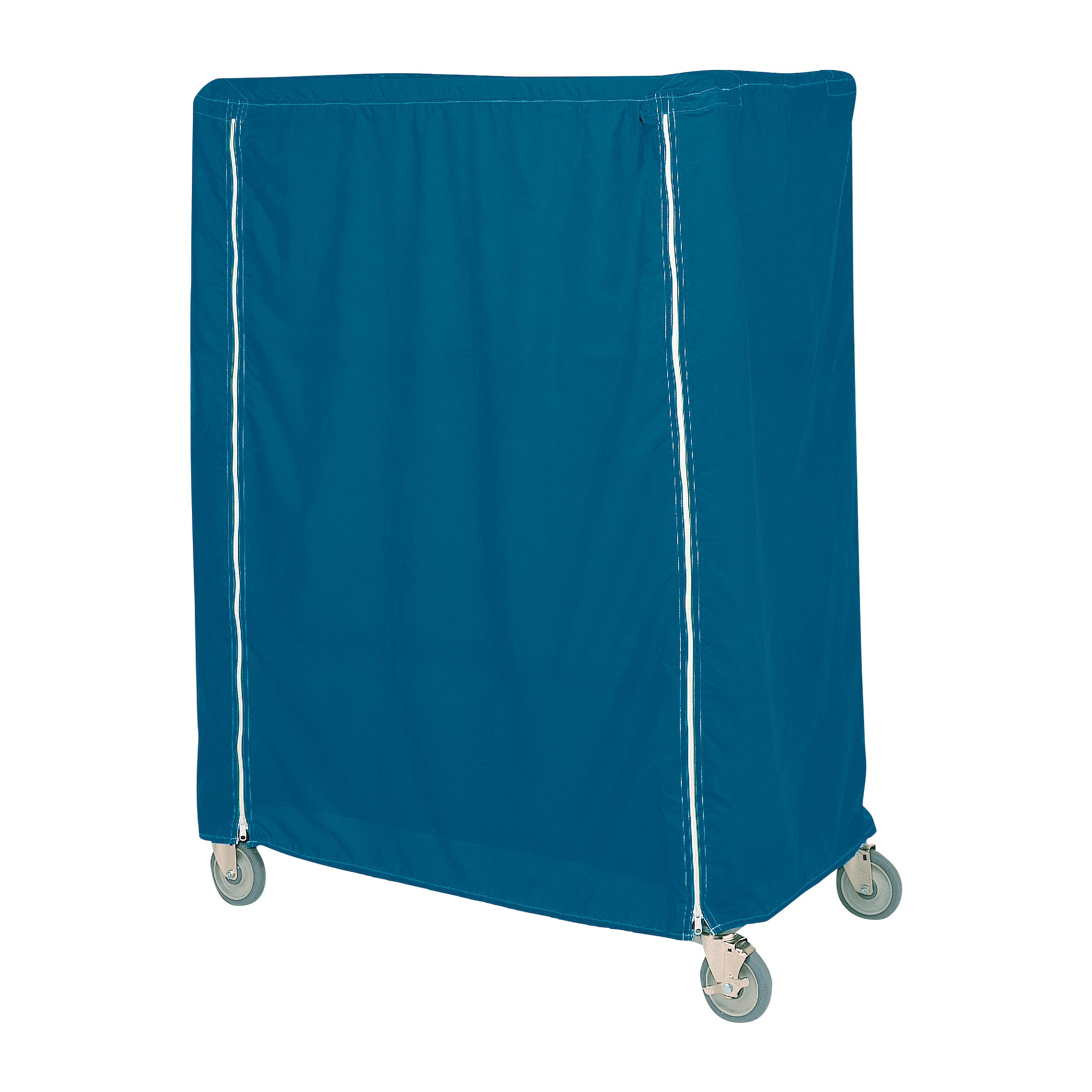 Blue Metro Waterproof Cart Cover on a wheeled cart, designed to protect contents.