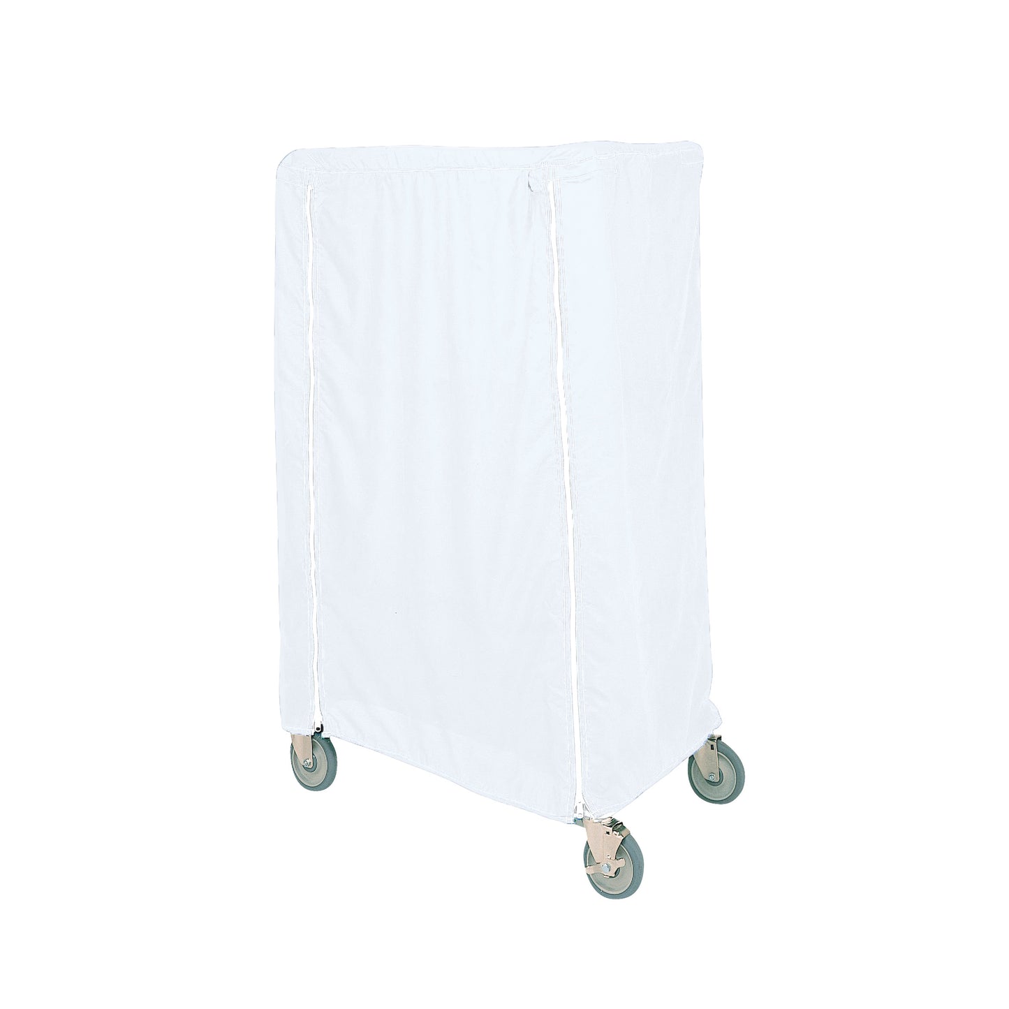 A white Metro Cart Cover on a cart with four wheels, designed for covering and protecting cart contents.