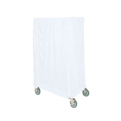 A white Metro Cart Cover on a cart with four wheels, designed for covering and protecting cart contents.