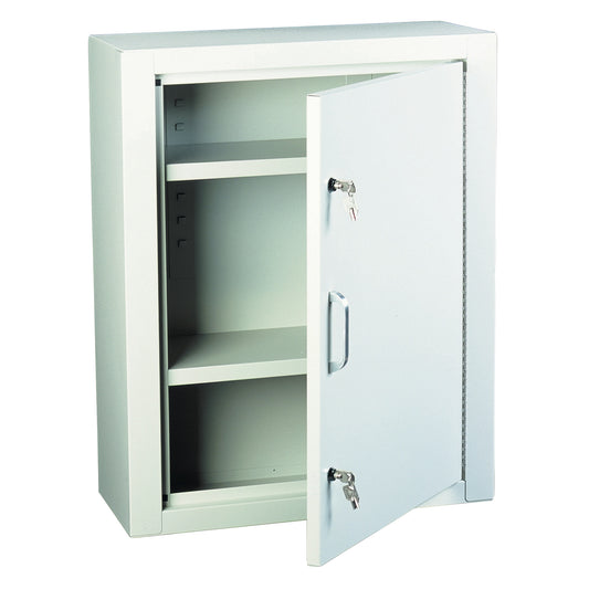 Harloff Narcotics Box with an open door revealing two adjustable shelves and keys in the lock, featuring a handle on the door.