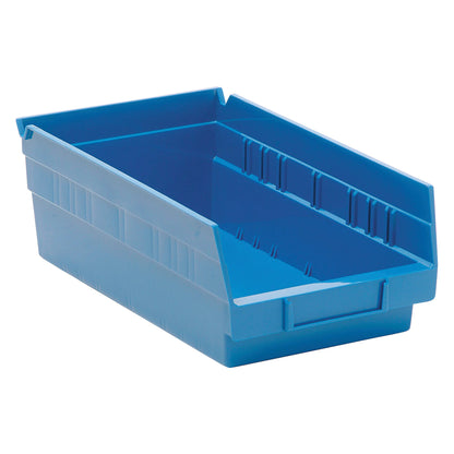 Blue Quantum Economy Shelf Bin, rectangular and open-fronted, designed for organizing and storing items on shelves.