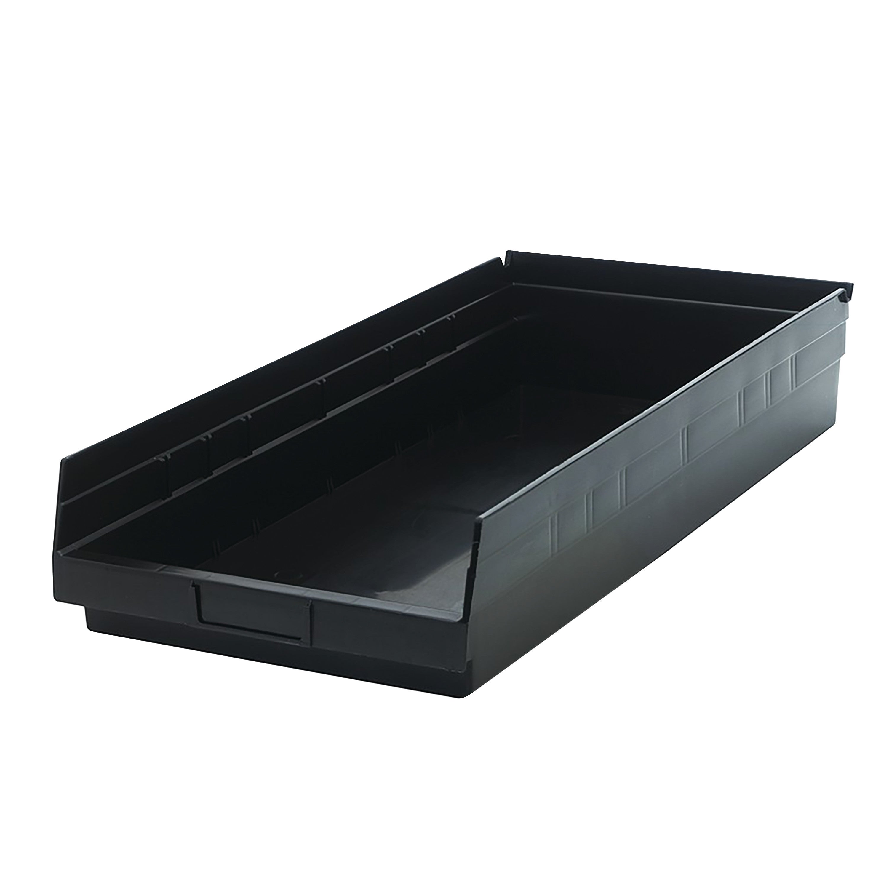 A black Quantum Economy Shelf Bin with a rectangular, open-top design.