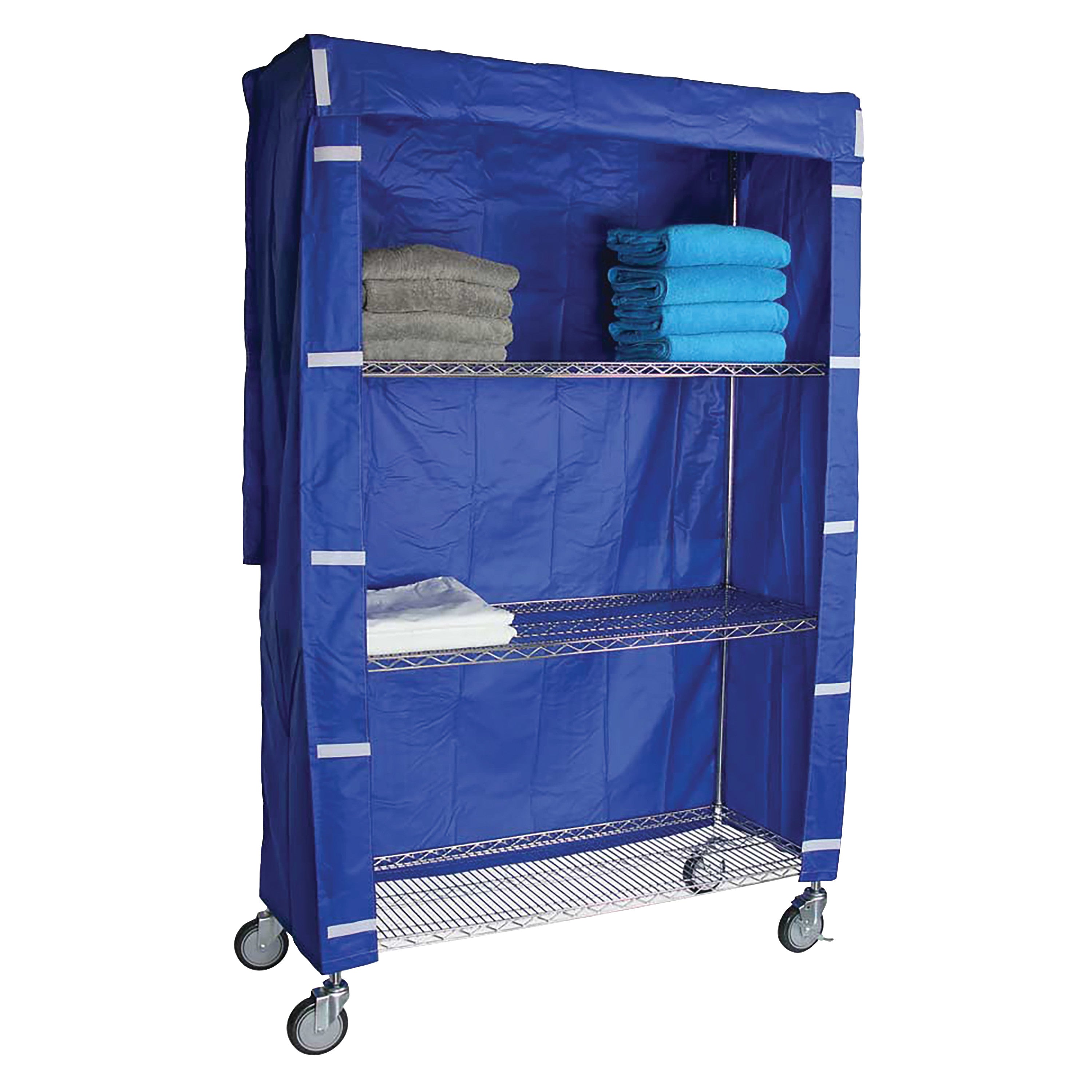 Cart Cover for AliMed 4-Shelf Chrome Wire Linen Cart holds towels, with a blue fabric cover and wheels for easy mobility.