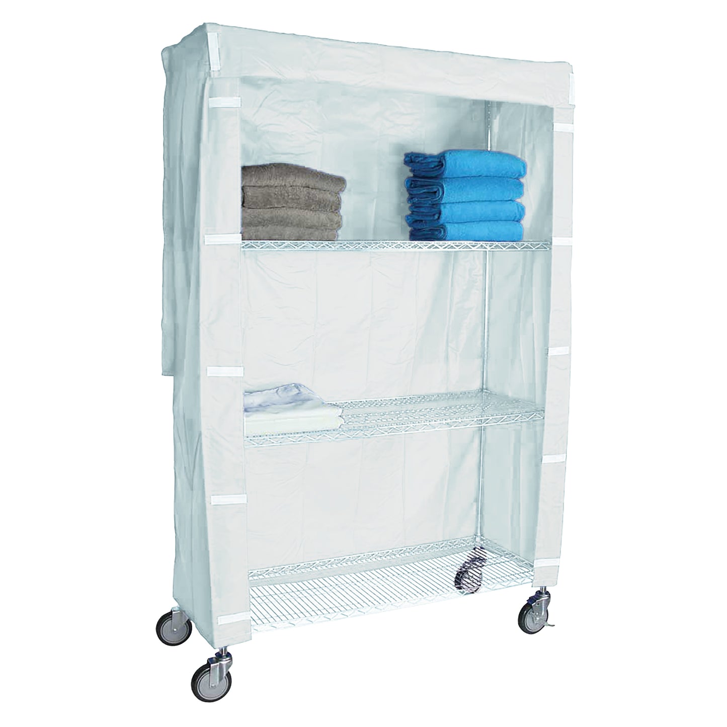 Cart Cover for AliMed 4-Shelf Chrome Wire Linen Cart with three shelves storing folded towels, on wheels, and wrapped in a white cover.