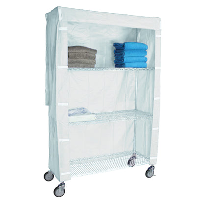Cart Cover for AliMed 4-Shelf Chrome Wire Linen Cart with three shelves storing folded towels, on wheels, and wrapped in a white cover.