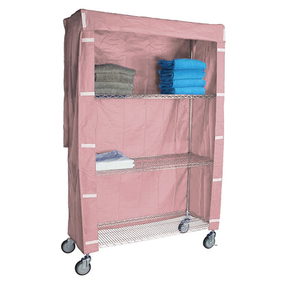 A Cart Cover for AliMed 4-Shelf Chrome Wire Linen Cart. It's pink with three shelves holding folded blue and gray towels.